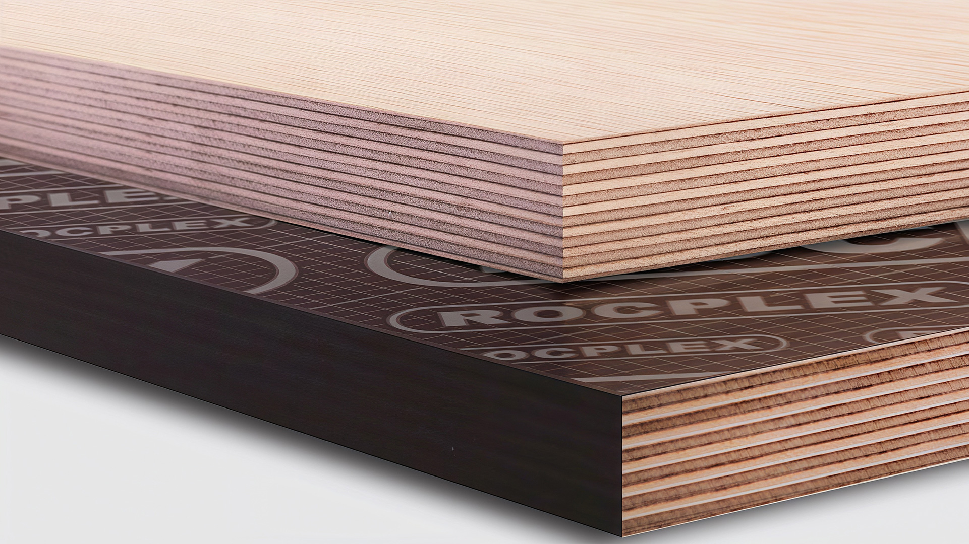 Marine plywood cross-section showing multi-layer hardwood veneers and WBP glue lines