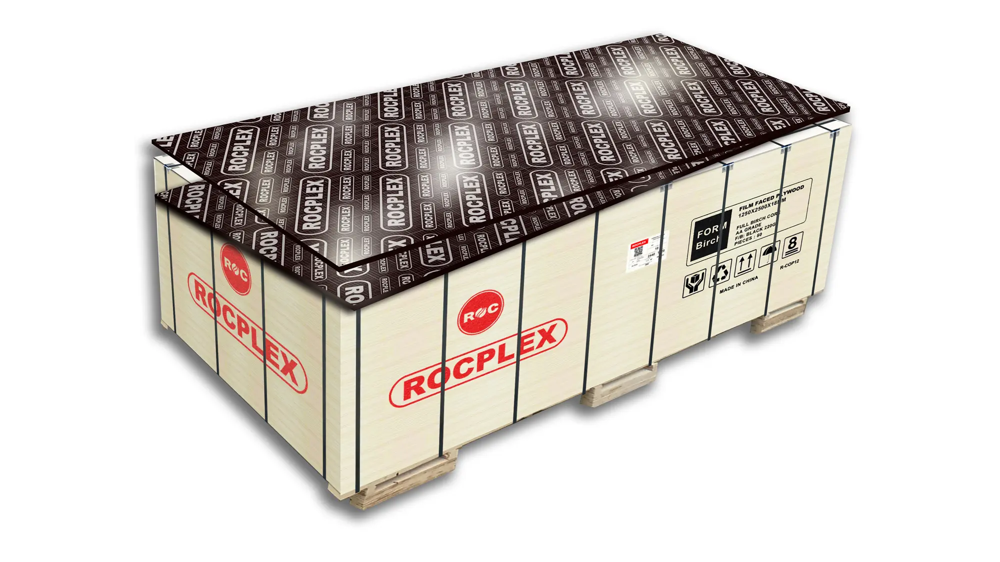 ROCPLEX Form Birch film faced plywood – export packing for repeat programs ROCPLEX Form Birch film faced plywood packed in export-ready bundles for formwork supply