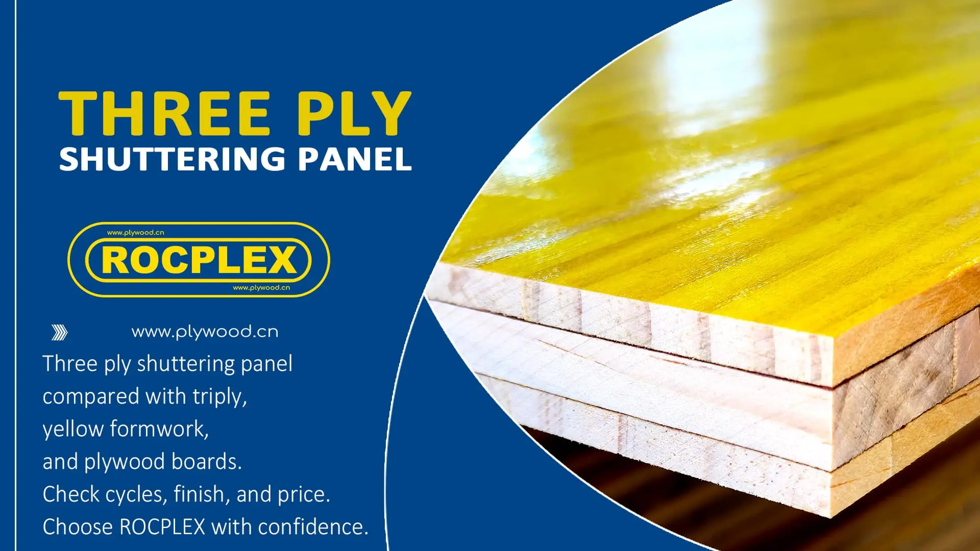 Three ply shuttering panel showing yellow coating and smooth finish.