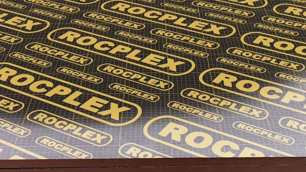 ROCPLEX film faced plywood sheet for repeat pours and cleaner finish ROCPLEX film faced plywood sheet for better reuse and cleaner concrete finish in formwork use