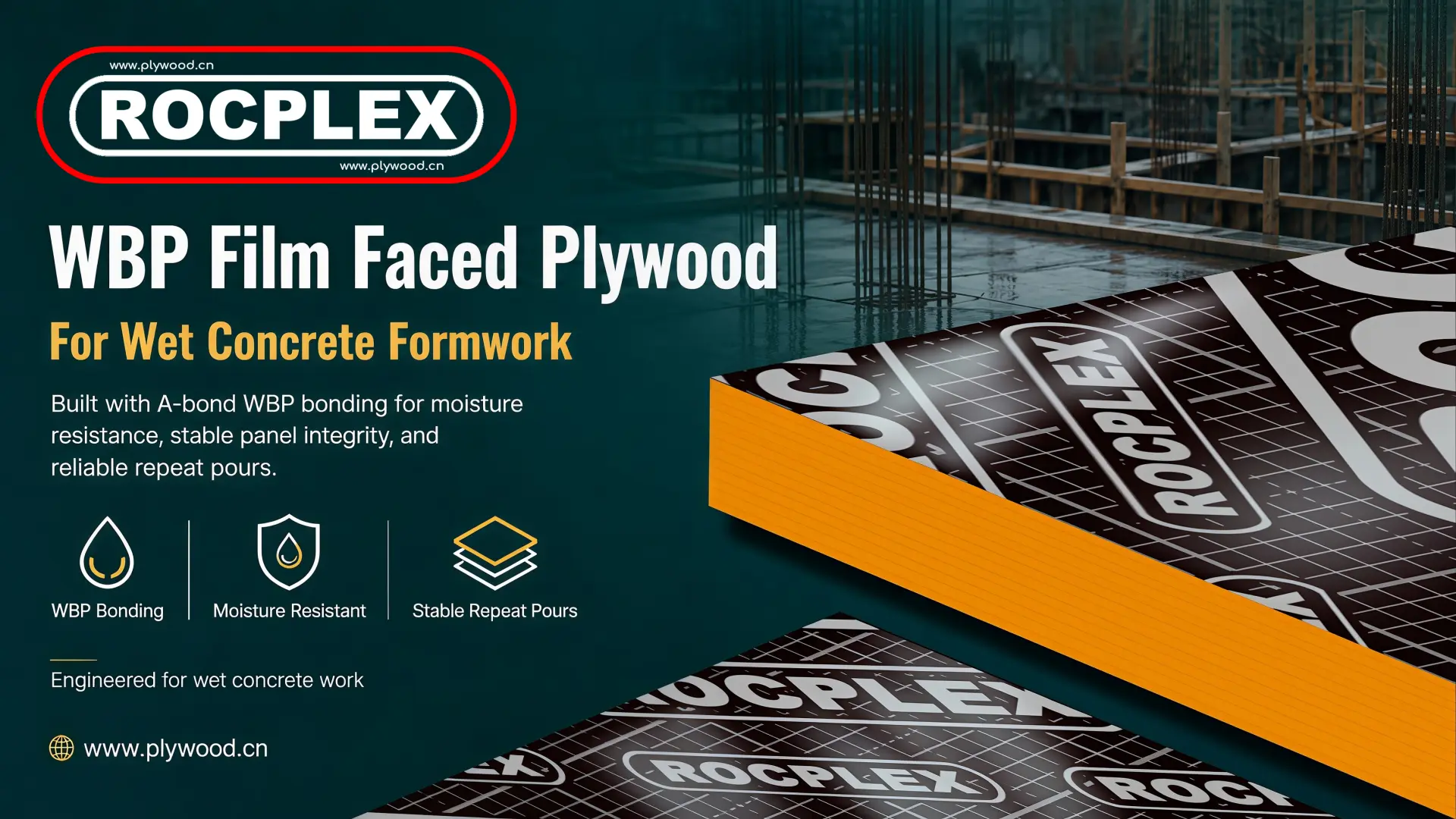 WBP film faced plywood for wet concrete formwork and repeat pours