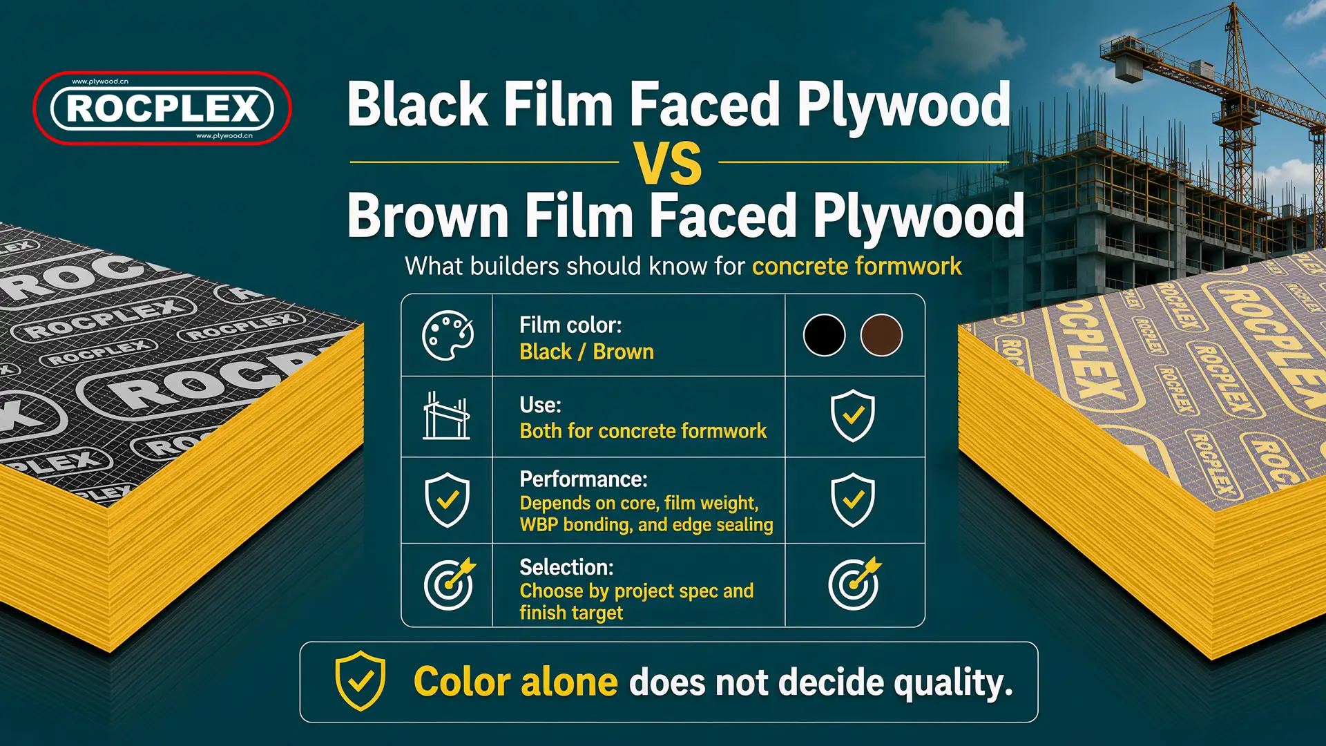 Black film faced plywood and brown film faced plywood for concrete formwork comparison